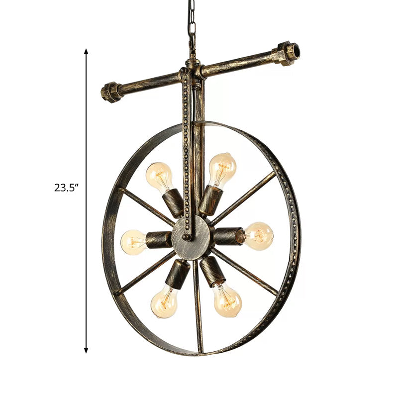 Farmhouse Style Wrought Iron Pendant Light Fixture - 6-Light Round with Wheel Design | Bronze Ceiling Décor