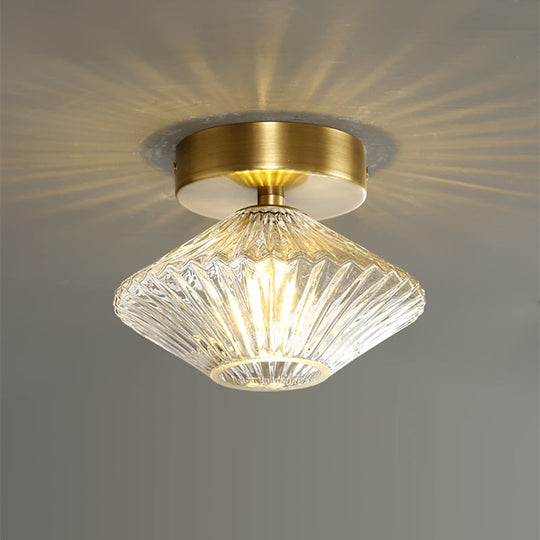 Modernist Gold Diamond Bedroom Semi Flush Mount Ceiling Light with Clear Prismatic Glass