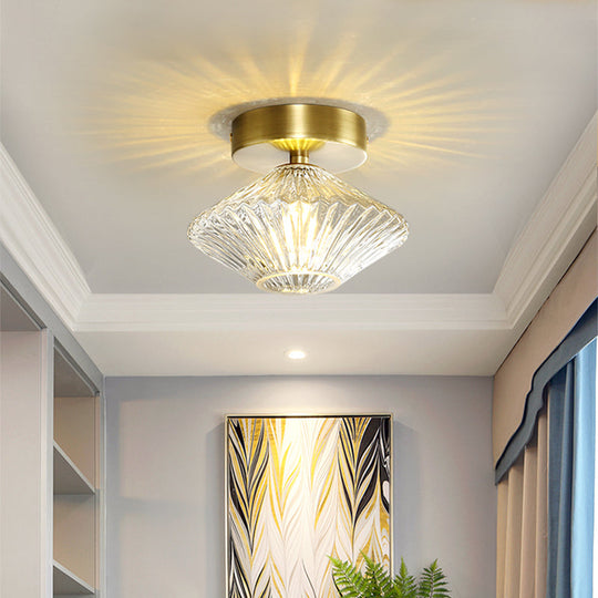 Modernist Gold Diamond Bedroom Semi Flush Mount Ceiling Light with Clear Prismatic Glass