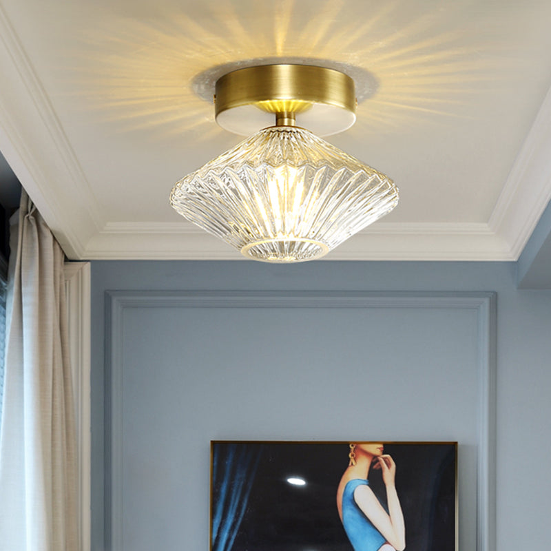 Modernist Gold Diamond Bedroom Semi Flush Mount Ceiling Light with Clear Prismatic Glass