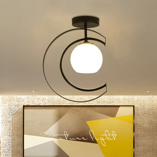 Modern Globe Semi Flush Mount Ceiling Lamp - White Glass, 1-Light, Black with Moon Iron Frame