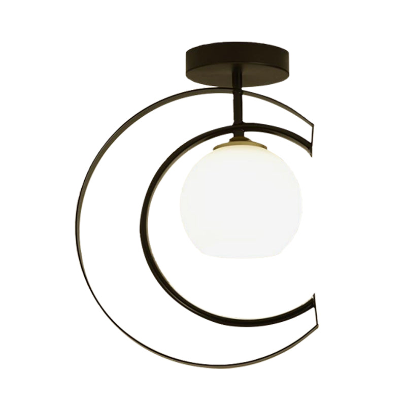 Modern Globe Semi Flush Mount Ceiling Lamp - White Glass, 1-Light, Black with Moon Iron Frame