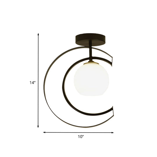 Modern Globe Semi Flush Mount Ceiling Lamp - White Glass, 1-Light, Black with Moon Iron Frame