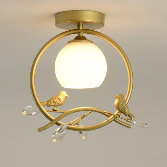 Modernist Metal Ring Semi-Flush Mount Black/Gold Flush Lighting with Bird and Crystal Deco