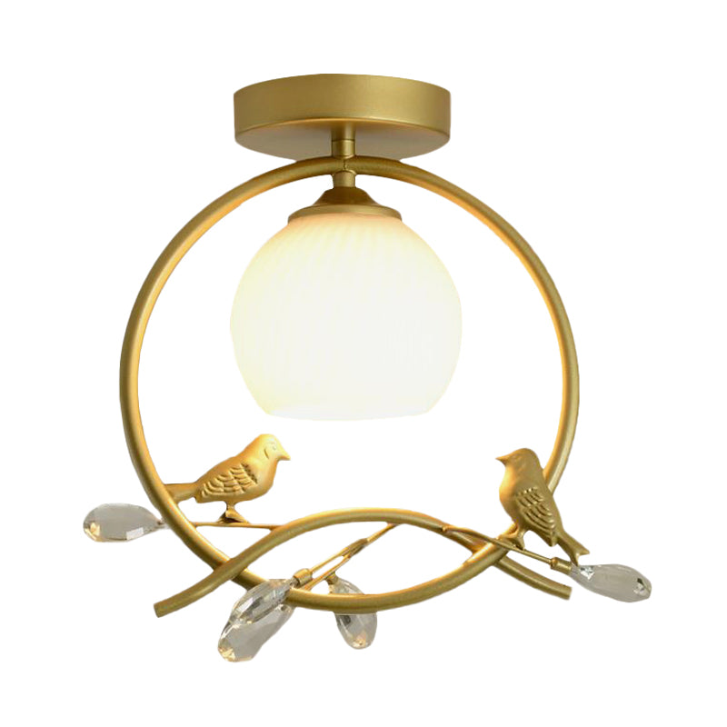 Modernist Metal Ring Semi-Flush Mount Black/Gold Flush Lighting with Bird and Crystal Deco