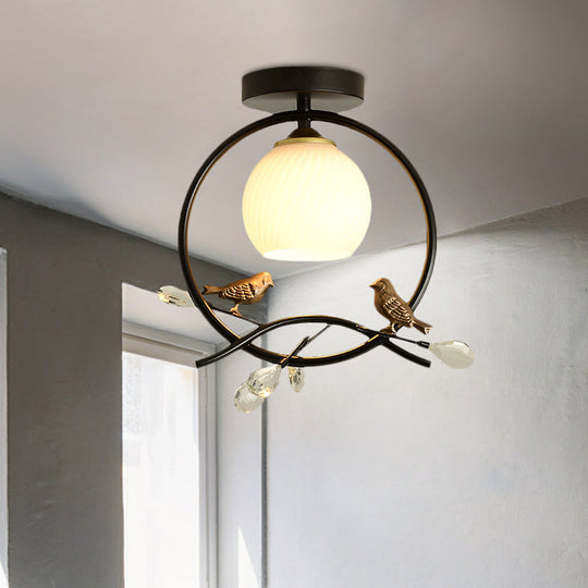 Modernist Metal Ring Semi-Flush Mount Black/Gold Flush Lighting With Bird And Crystal Deco Black