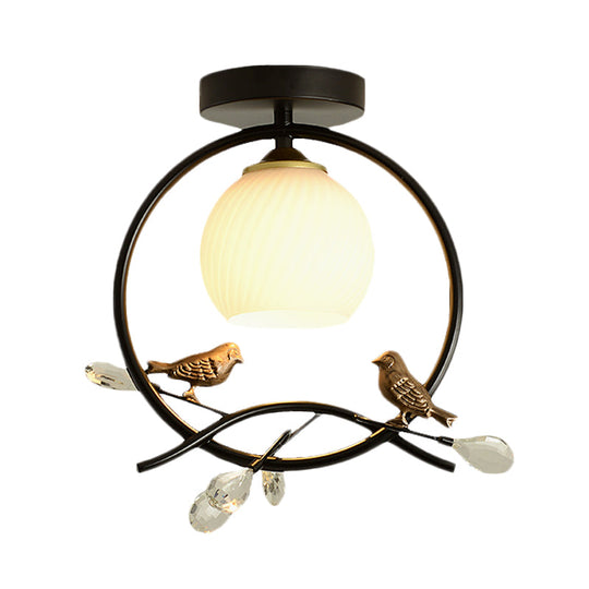 Modernist Metal Ring Semi-Flush Mount Black/Gold Flush Lighting with Bird and Crystal Deco