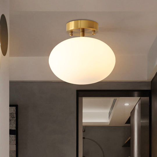 Minimalist Gold Oval Semi Flush Ceiling Light - 1-Light Cream Glass Lamp for Bedroom