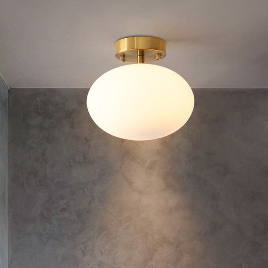 Minimalist Gold Oval Semi Flush Ceiling Light - 1-Light Cream Glass Lamp for Bedroom