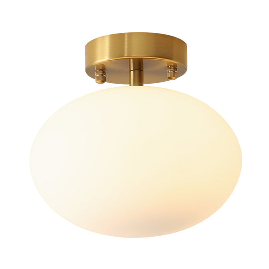 Sleek Gold Oval Semi Flush Light Fixture - Minimalist 1-Light Cream Glass Ceiling Lamp For Bedroom