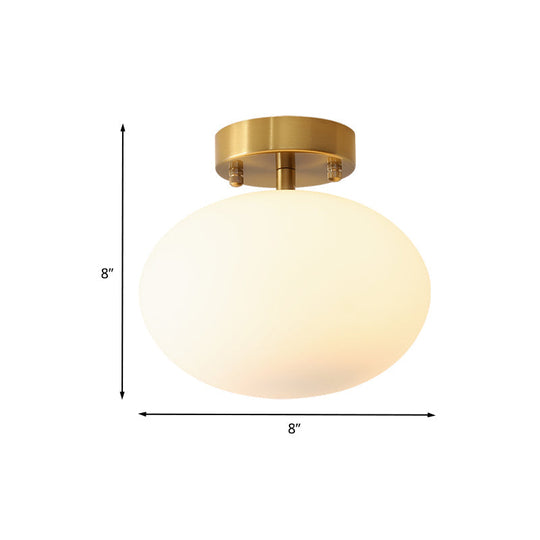 Minimalist Gold Oval Semi Flush Ceiling Light - 1-Light Cream Glass Lamp for Bedroom