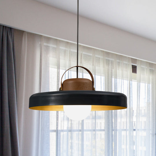 Modern Metal Flat Ceiling Light - 1 Head Black Down Lighting Pendant with Wooden Cap