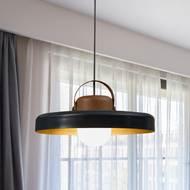 Modern Metal Flat Ceiling Light With Black Down Lighting Pendant And Wood Cap