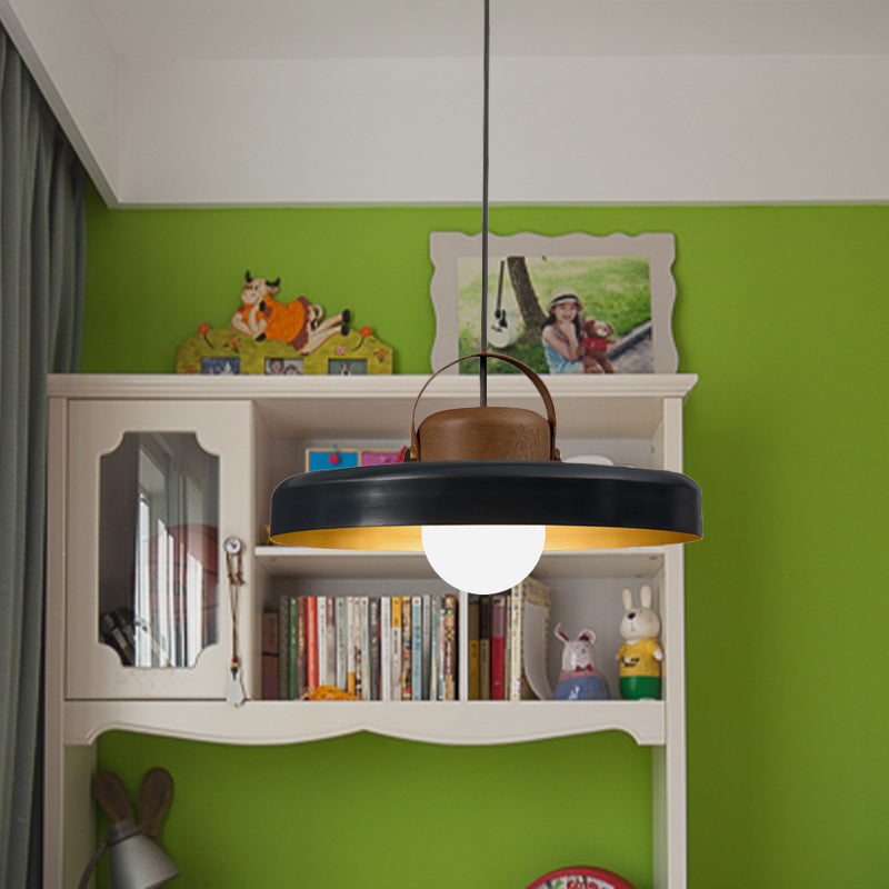 Modern Metal Flat Ceiling Light With Black Down Lighting Pendant And Wood Cap