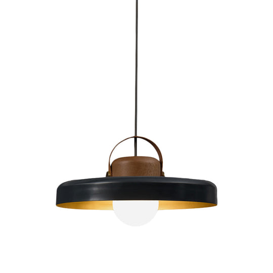 Modern Metal Flat Ceiling Light With Black Down Lighting Pendant And Wood Cap