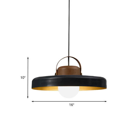 Modern Metal Flat Ceiling Light - 1 Head Black Down Lighting Pendant with Wooden Cap