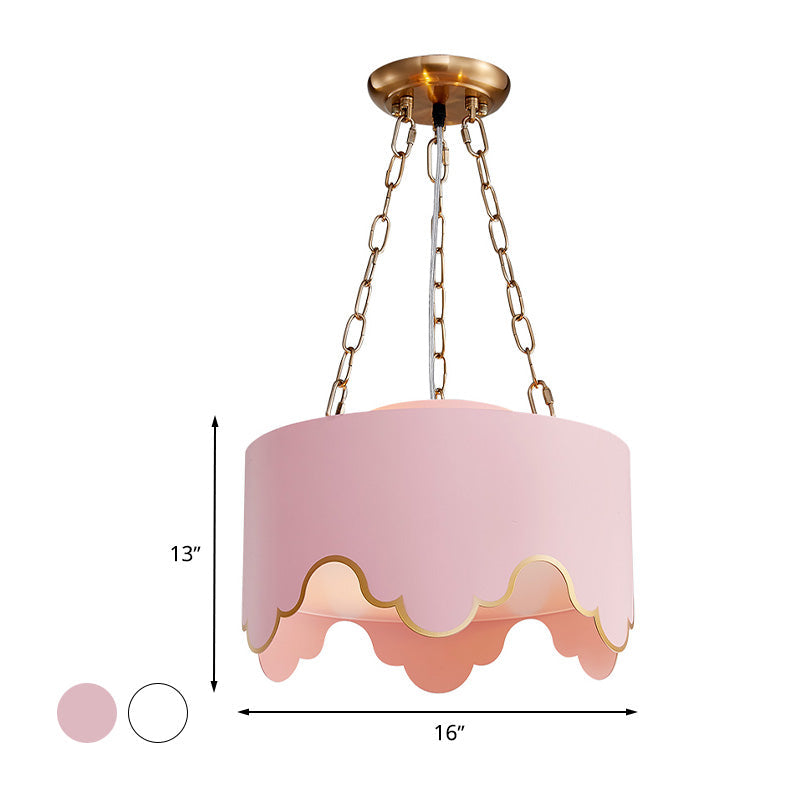 Iron Ruffled Edge Drop Lamp Postmodern 1 Bulb Pink/White Hanging Ceiling Light for Dining Room