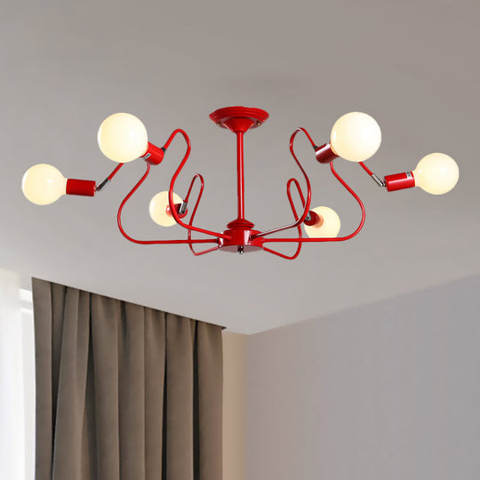 Modern Iron Spider Flush Mount Lamp - 6 Bulbs, White/Red Semi Flush Ceiling Light for Living Room