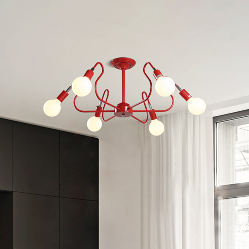 Modern Iron Spider Flush Mount Lamp - 6 Bulbs, White/Red Semi Flush Ceiling Light for Living Room