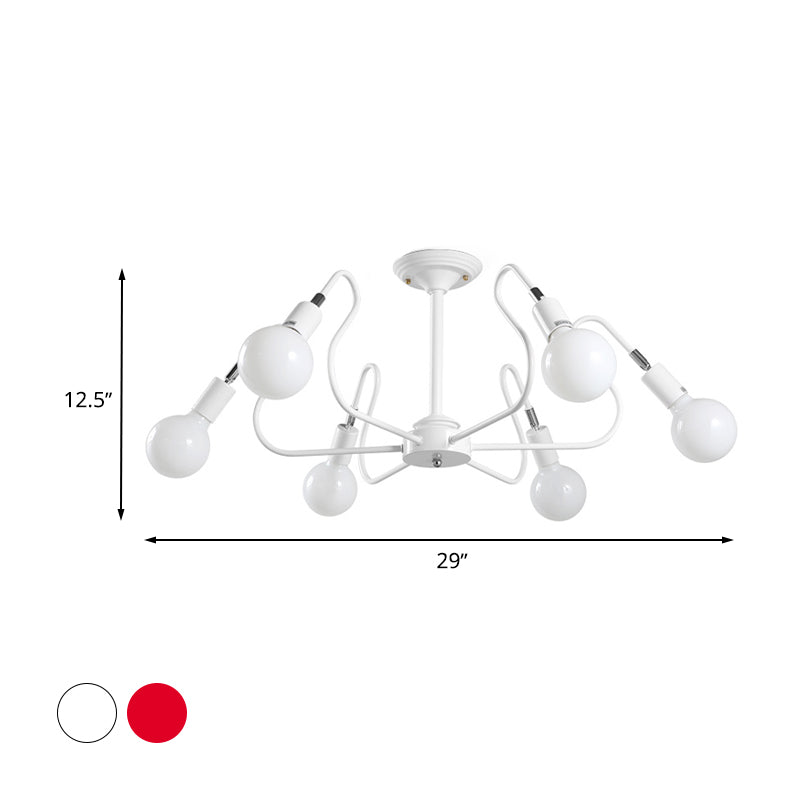 Modern Iron Spider Flush Mount Lamp - 6 Bulbs, White/Red Semi Flush Ceiling Light for Living Room