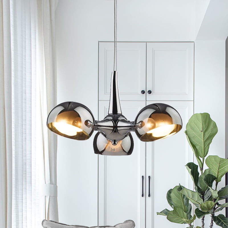 Postmodern Chrome Bowl Chandelier With Mirror Glass Pendants - 3/5 Light Ceiling Fixture For Dining