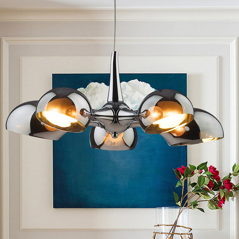 Postmodern Chrome Bowl Chandelier With Mirror Glass Pendants - 3/5 Light Ceiling Fixture For Dining