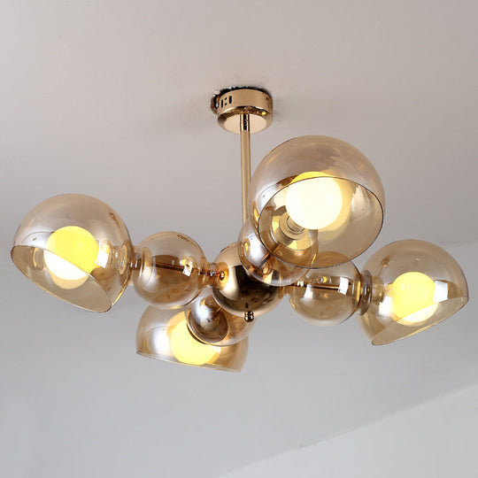 Semi Mount Brass Ceiling Light Fixture for Bedroom with Amber Glass Shade - 4/6 Lights