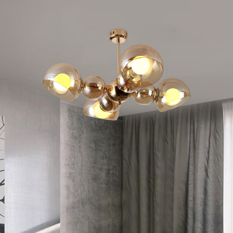 Semi Mount Brass Ceiling Light Fixture for Bedroom with Amber Glass Shade - 4/6 Lights