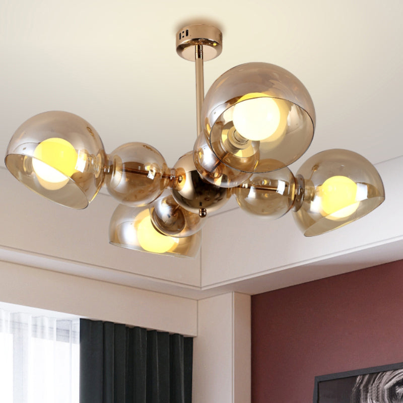 Semi Mount Brass Ceiling Light Fixture for Bedroom with Amber Glass Shade - 4/6 Lights