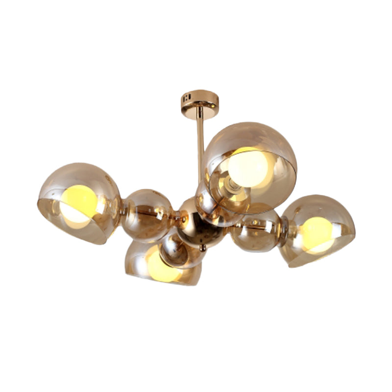 Modern Brass Semi Mount Ceiling Light Fixture With Amber Glass Shade - 4/6 Lights For Bedroom