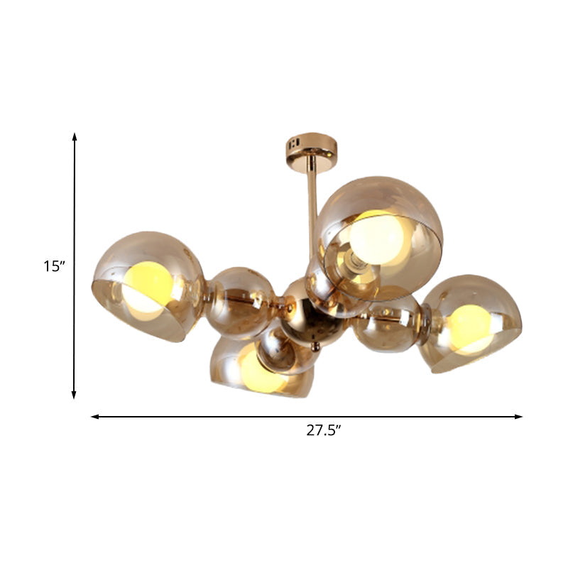 Semi Mount Brass Ceiling Light Fixture for Bedroom with Amber Glass Shade - 4/6 Lights