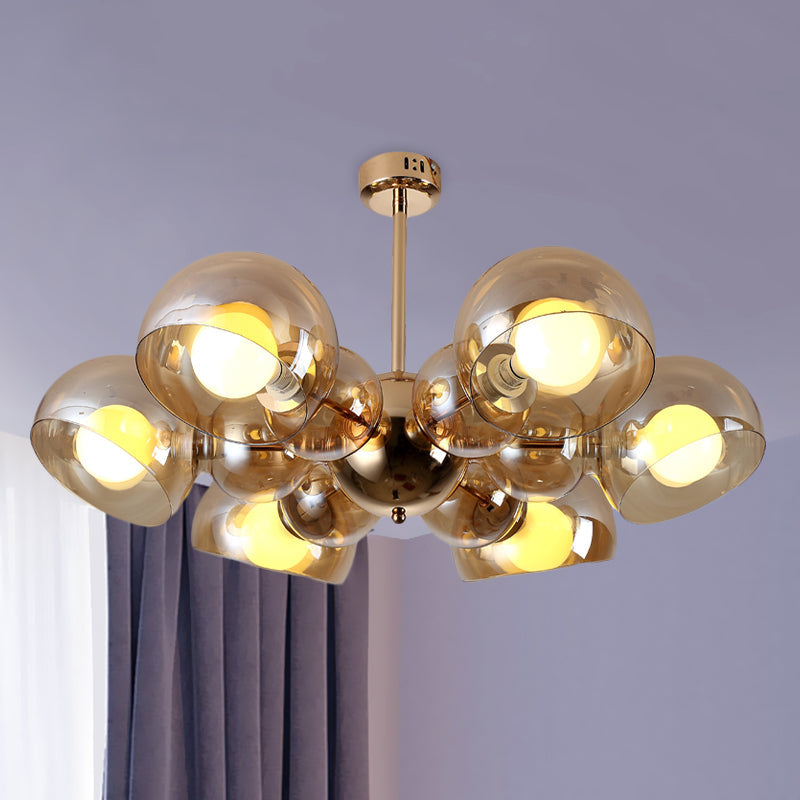 Semi Mount Brass Ceiling Light Fixture for Bedroom with Amber Glass Shade - 4/6 Lights