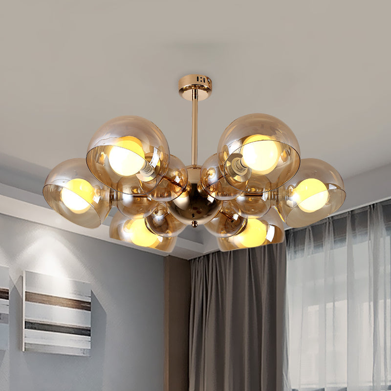 Semi Mount Brass Ceiling Light Fixture for Bedroom with Amber Glass Shade - 4/6 Lights