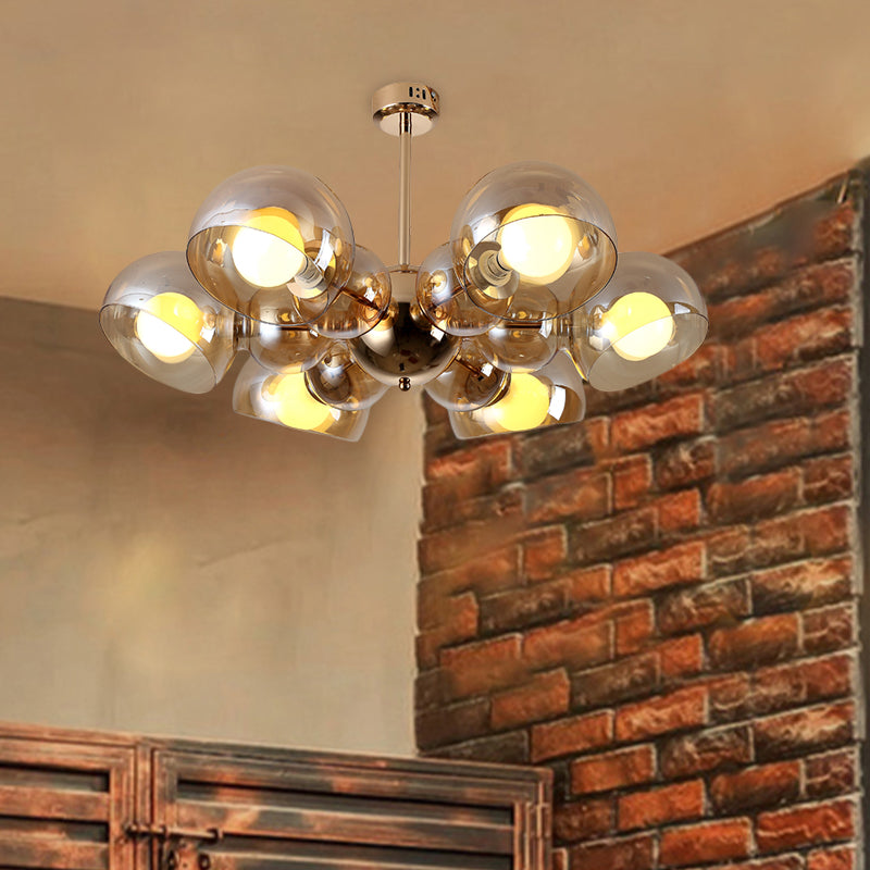 Semi Mount Brass Ceiling Light Fixture for Bedroom with Amber Glass Shade - 4/6 Lights