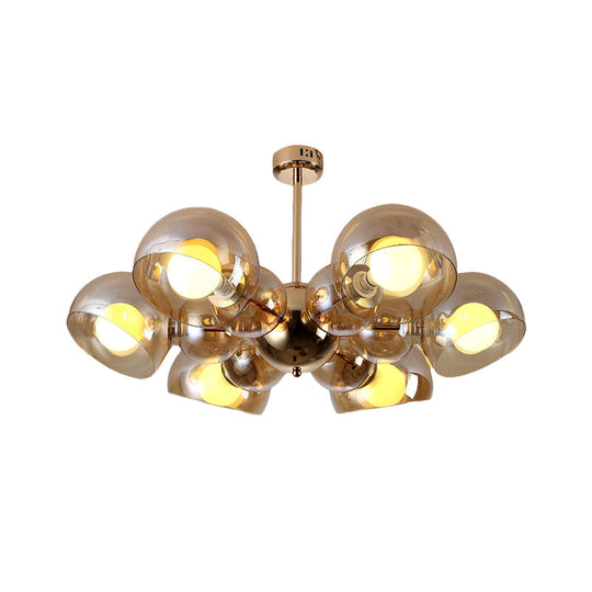 Semi Mount Brass Ceiling Light Fixture for Bedroom with Amber Glass Shade - 4/6 Lights