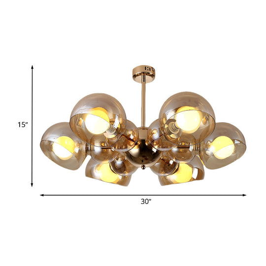 Semi Mount Brass Ceiling Light Fixture for Bedroom with Amber Glass Shade - 4/6 Lights