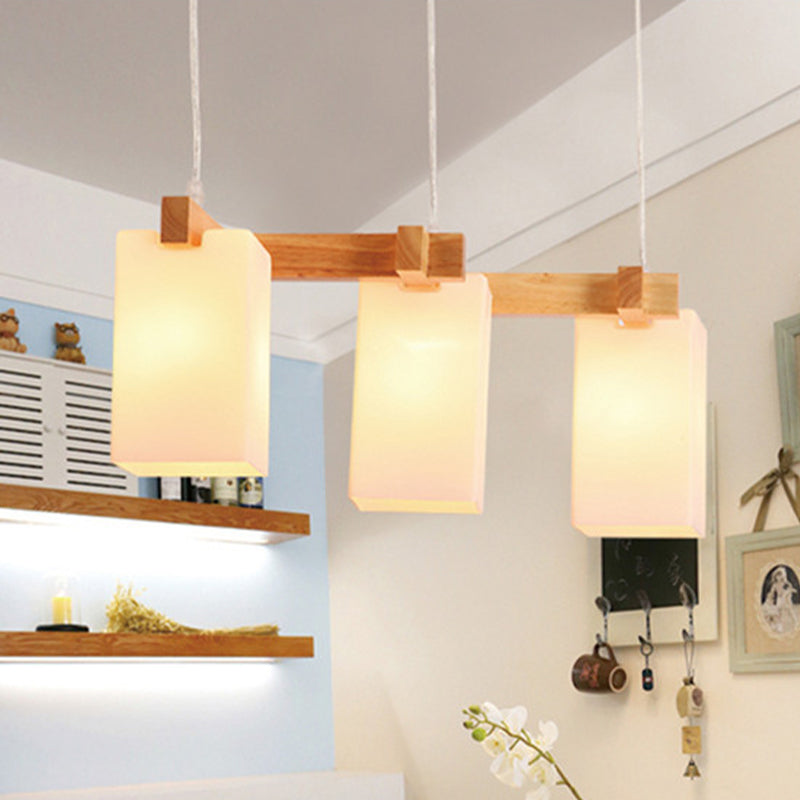 Modern Wood Cluster Pendant Kitchen Lamp With Rectangular White Glass Shade - Set Of 3 Bulbs