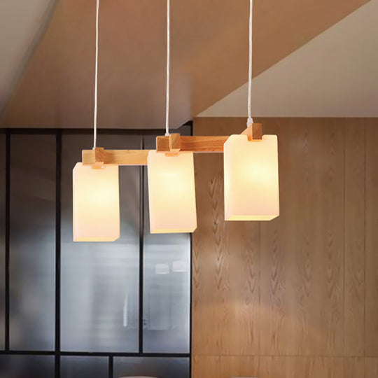 Modern Wood Cluster Pendant Kitchen Lamp With Rectangular White Glass Shade - Set Of 3 Bulbs