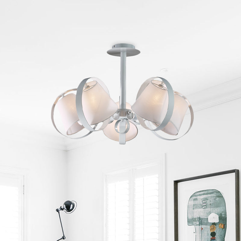 Sleek White Kitchen Flush Mount with 5 Fabric-Head Semi Flush Light and Metal Cage