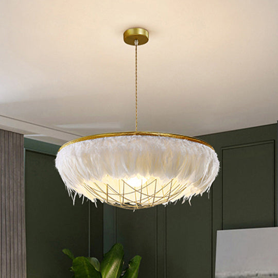 Modern White Feather Chandelier Light - 2 Head Copper Down Lighting with Wire Cage, 16"/19.5"/23.5" Wide