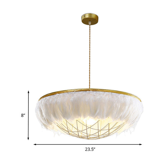 Modern White Feather Chandelier Light - 2 Head Copper Down Lighting with Wire Cage, 16"/19.5"/23.5" Wide