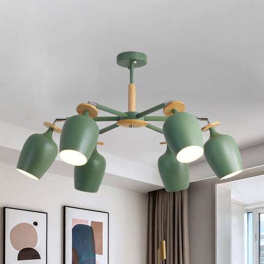 Contemporary Green Tulip Semi Flush Light Fixture with Iron Flushmount & Wood Detail - 6/8 Bulb Lighting