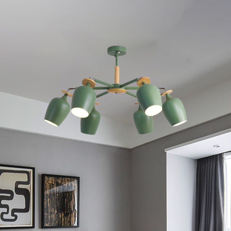 Contemporary Green Tulip Semi Flush Light Fixture with Iron Flushmount & Wood Detail - 6/8 Bulb Lighting