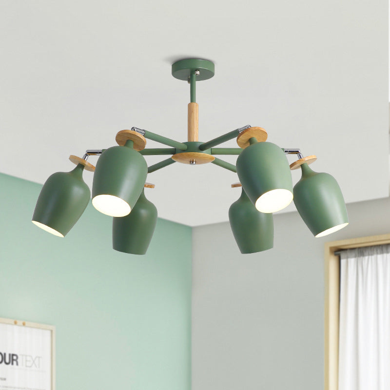 Contemporary Green Tulip Semi Flush Light Fixture with Iron Flushmount & Wood Detail - 6/8 Bulb Lighting