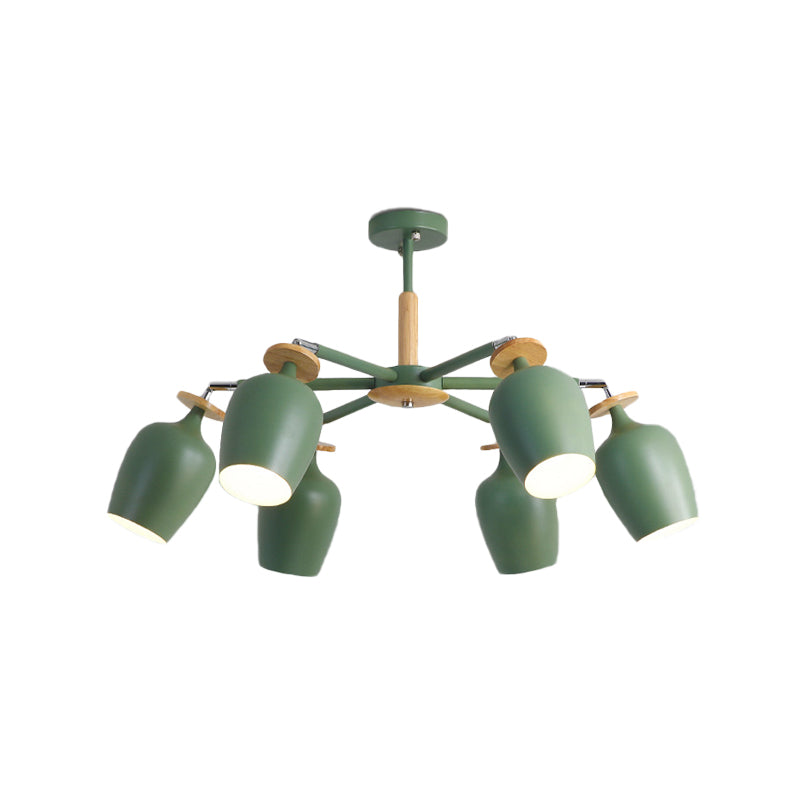 Contemporary Green Tulip Semi Flush Light Fixture with Iron Flushmount & Wood Detail - 6/8 Bulb Lighting