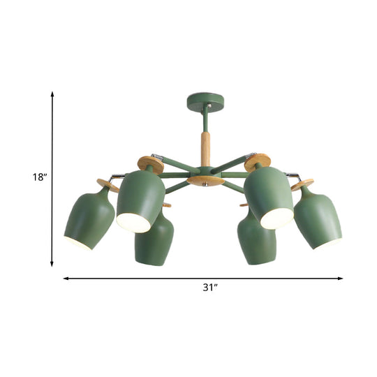 Contemporary Green Tulip Semi Flush Light Fixture with Iron Flushmount & Wood Detail - 6/8 Bulb Lighting