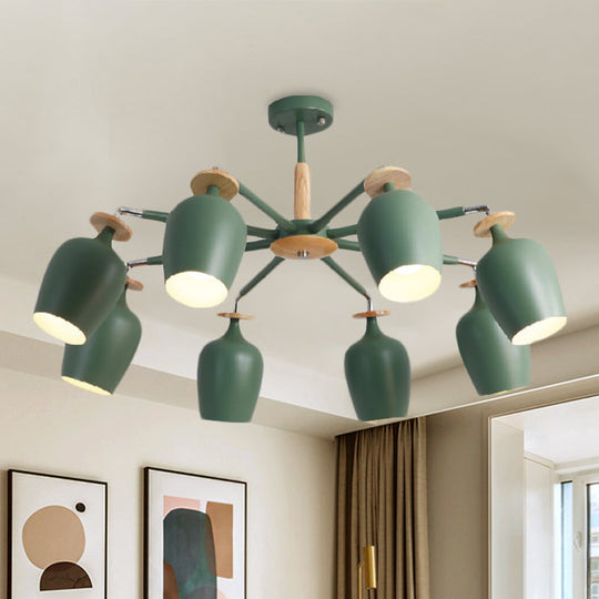 Contemporary Green Tulip Semi Flush Light Fixture with Iron Flushmount & Wood Detail - 6/8 Bulb Lighting