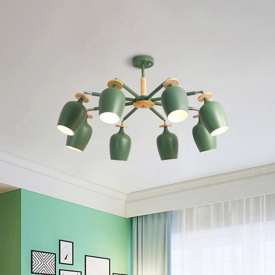 Contemporary Green Tulip Semi Flush Light Fixture with Iron Flushmount & Wood Detail - 6/8 Bulb Lighting