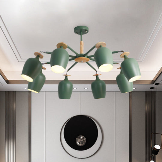 Contemporary Green Tulip Semi Flush Light Fixture with Iron Flushmount & Wood Detail - 6/8 Bulb Lighting