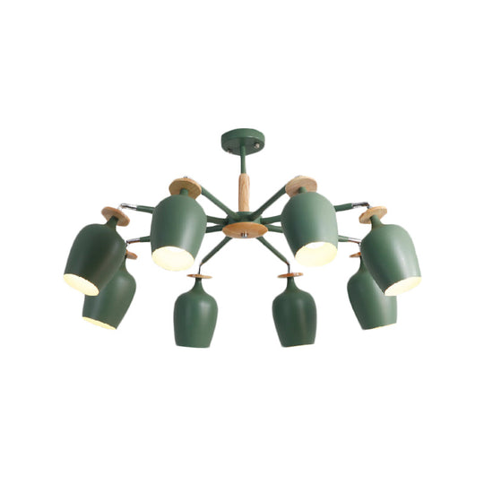 Contemporary Green Tulip Semi Flush Light Fixture with Iron Flushmount & Wood Detail - 6/8 Bulb Lighting